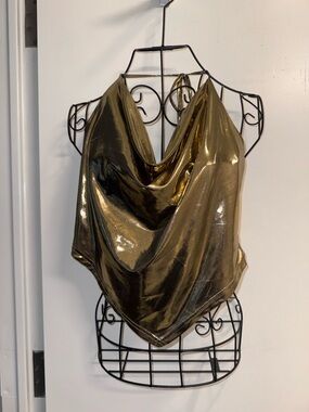 NWOT A Peach Metallic Gold Cowl Neck Halter Top